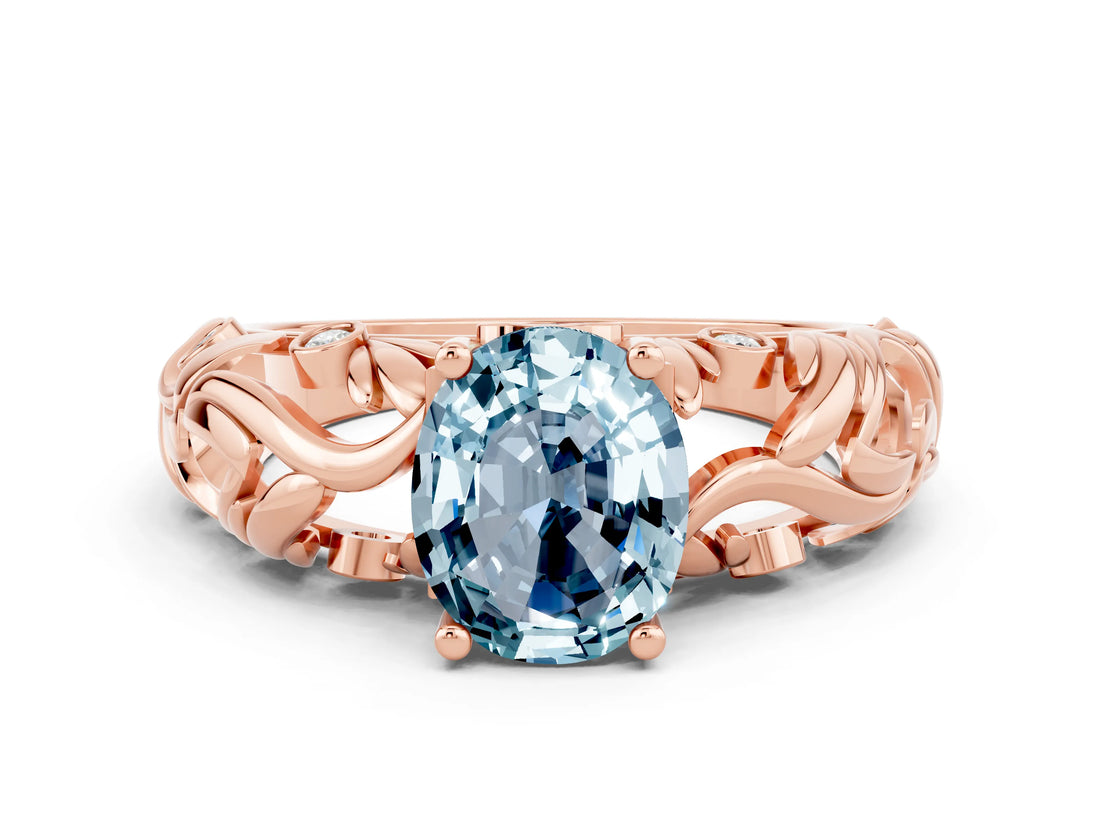 Rose gold Oval Cut Solitaire Aquamarine Leaf-Inspired Vine Band Ring with Prong Setting