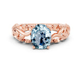 Rose gold Oval Cut Solitaire Aquamarine Leaf-Inspired Vine Band Ring with Prong Setting