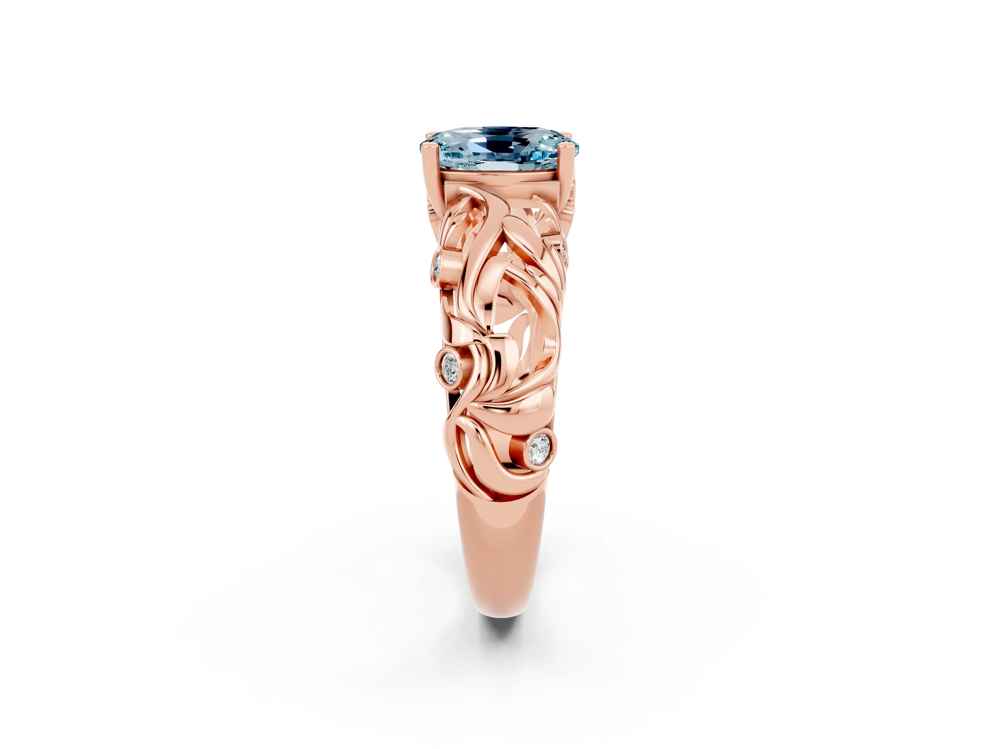 Rose gold Oval Cut Solitaire Aquamarine Leaf-Inspired Vine Band Ring with Prong Setting_2