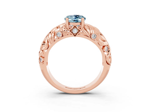 Rose gold Oval Cut Solitaire Aquamarine Leaf-Inspired Vine Band Ring with Prong Setting_3