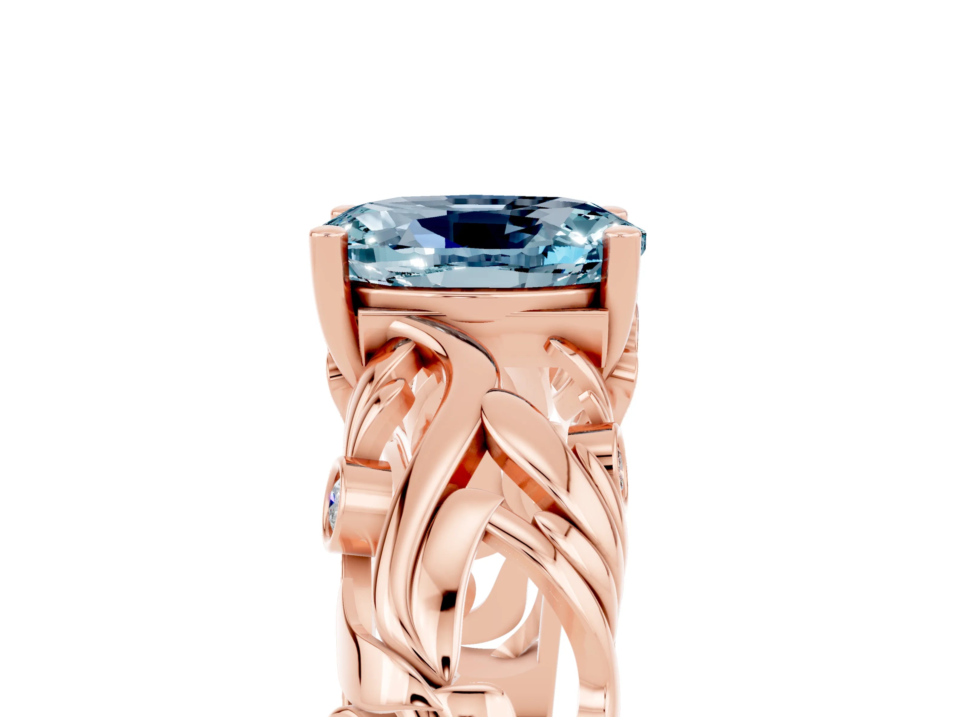 Rose gold Oval Cut Solitaire Aquamarine Leaf-Inspired Vine Band Ring with Prong Setting_5