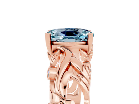 Rose gold Oval Cut Solitaire Aquamarine Leaf-Inspired Vine Band Ring with Prong Setting_5