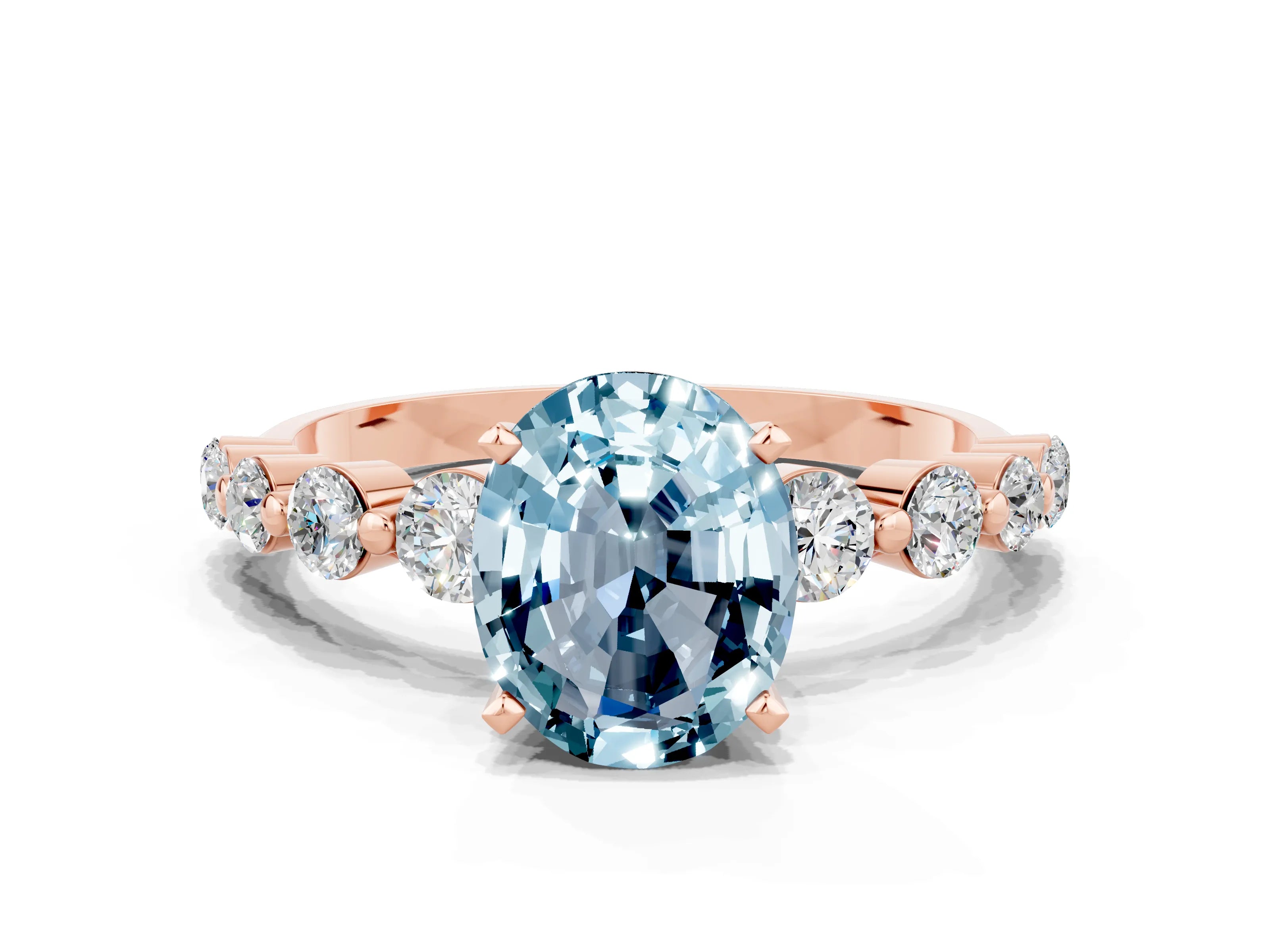 Rose gold Oval Cut Solitaire Aquamarine Ring with Pave Band and Four-Prong Setting