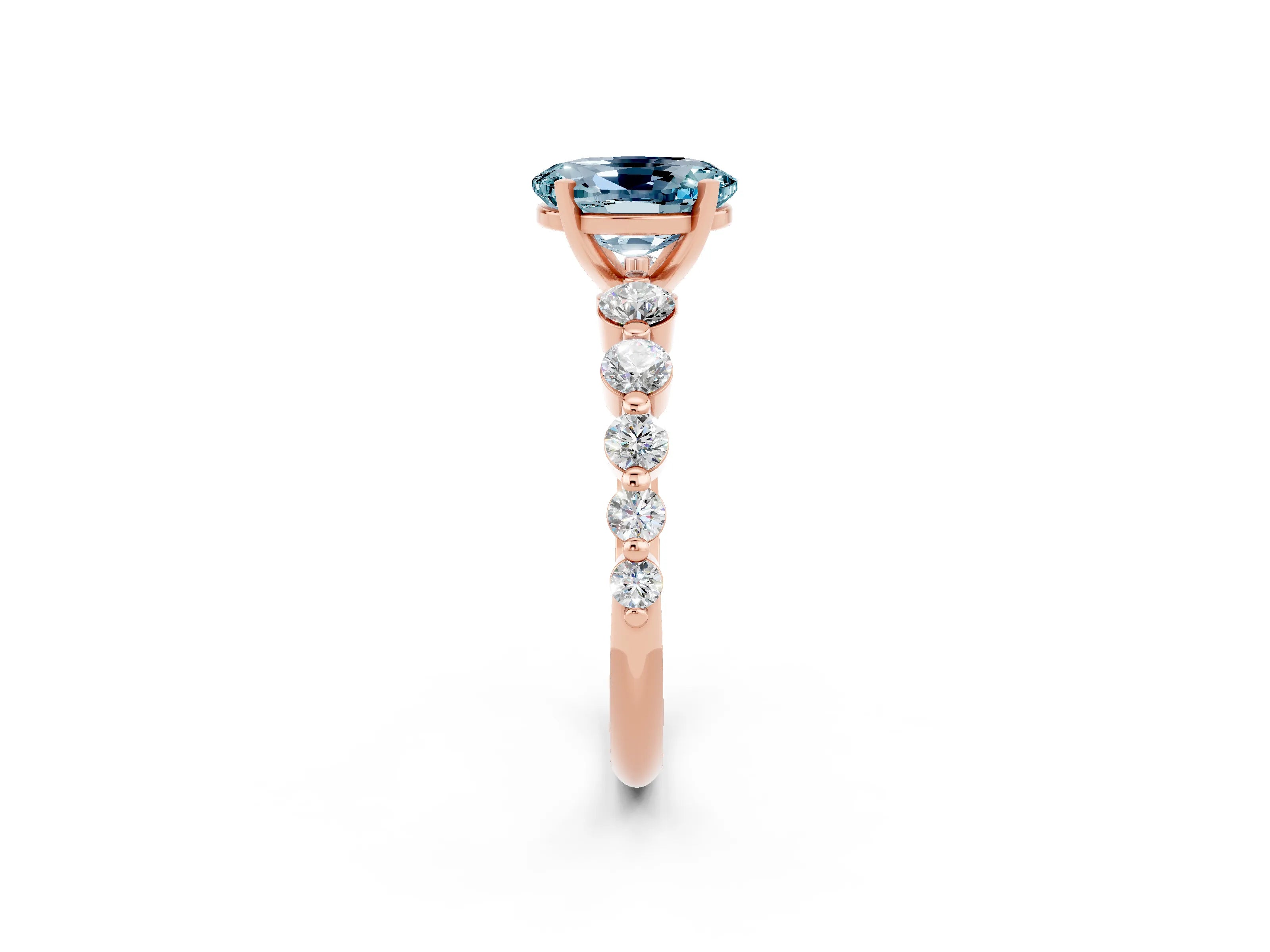 Rose gold Oval Cut Solitaire Aquamarine Ring with Pave Band and Four-Prong Setting_2