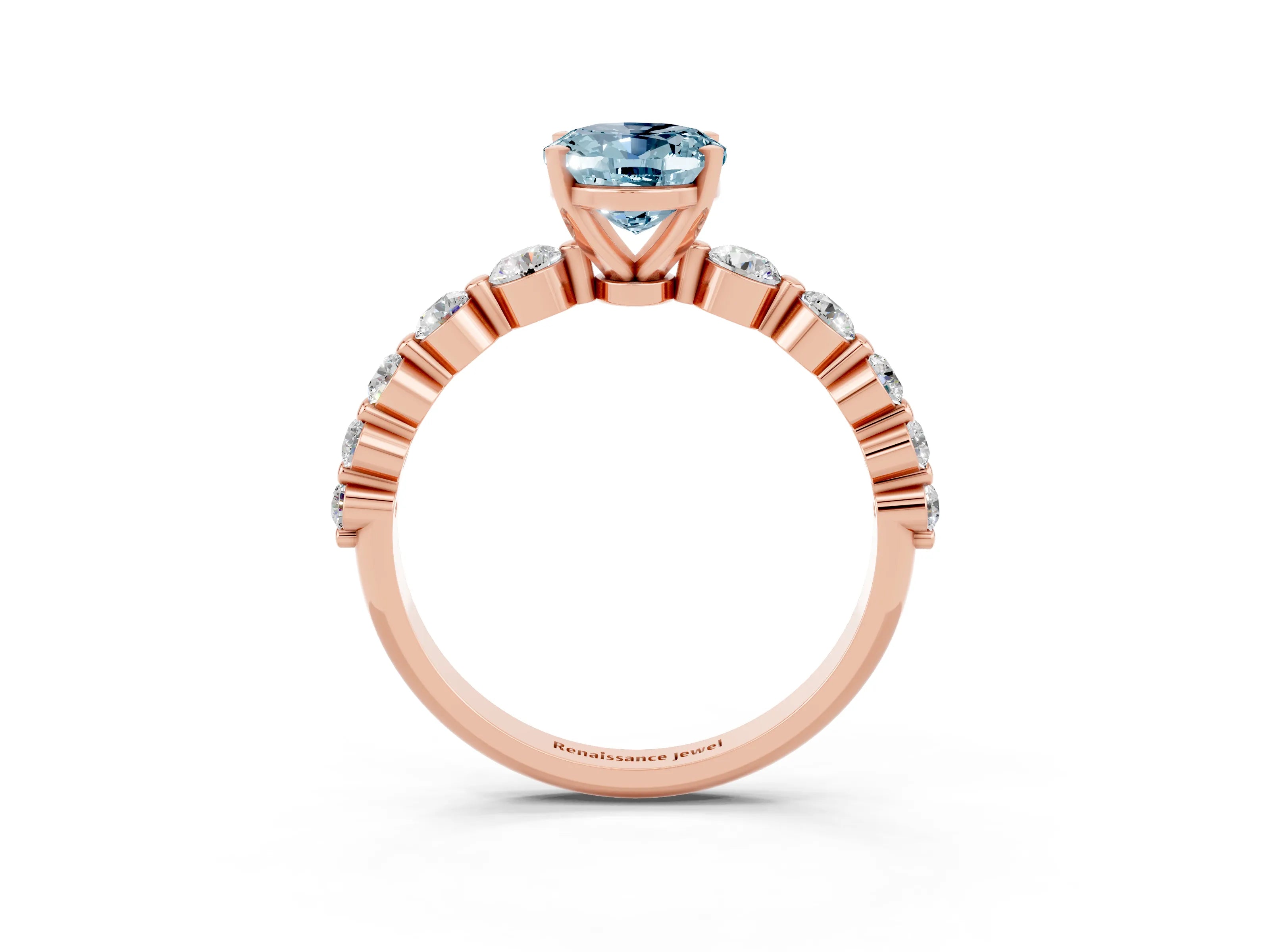 Rose gold Oval Cut Solitaire Aquamarine Ring with Pave Band and Four-Prong Setting_3