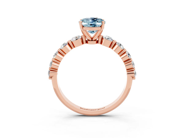 Rose gold Oval Cut Solitaire Aquamarine Ring with Pave Band and Four-Prong Setting