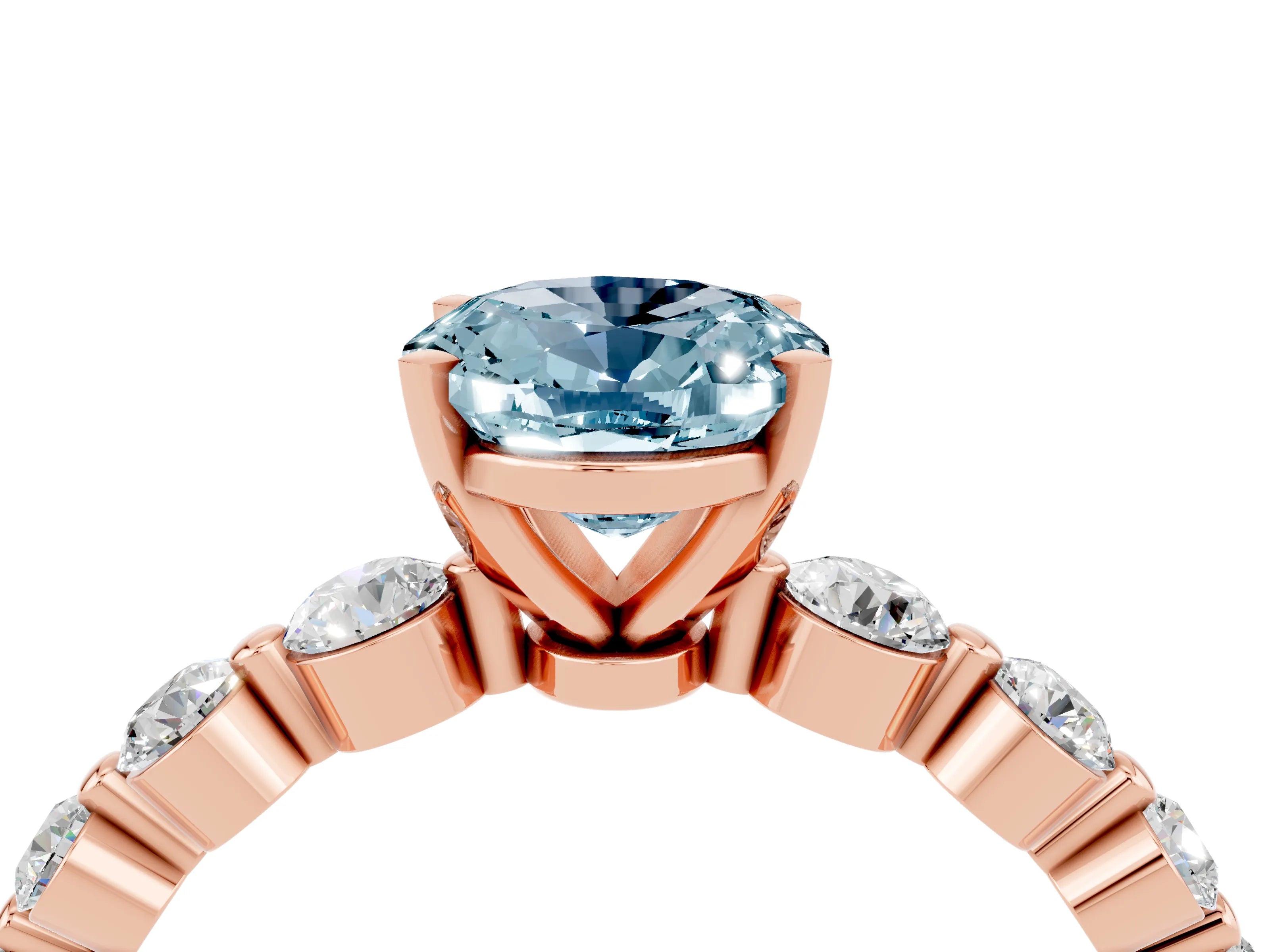 Rose gold Oval Cut Solitaire Aquamarine Ring with Pave Band and Four-Prong Setting_4