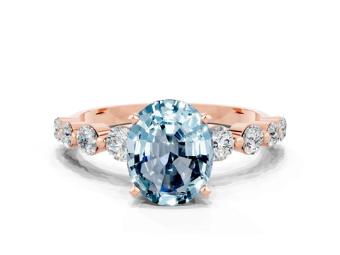 Rose gold Oval Cut Solitaire Aquamarine Ring with Pave Band and Four-Prong Setting