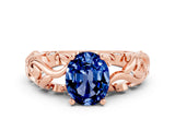 Rose gold Oval Cut Solitaire Blue Sapphire Leaf-Inspired Vine Band Ring with Prong Setting