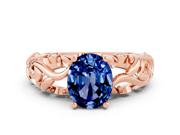 Rose gold Oval Cut Solitaire Blue Sapphire Leaf-Inspired Vine Band Ring with Prong Setting