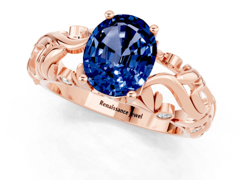 Rose gold Oval Cut Solitaire Blue Sapphire Leaf-Inspired Vine Band Ring with Prong Setting_1
