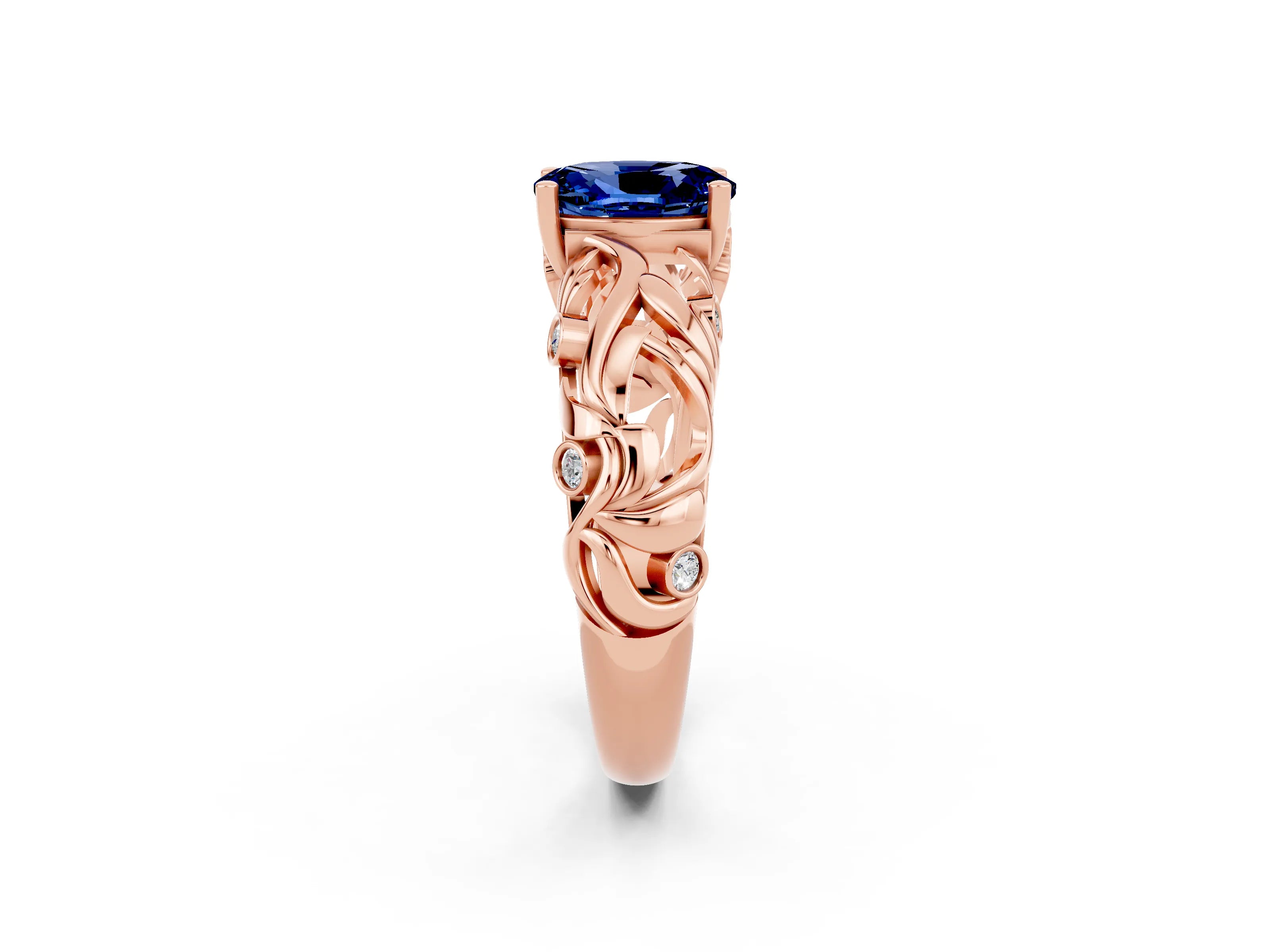 Rose gold Oval Cut Solitaire Blue Sapphire Leaf-Inspired Vine Band Ring with Prong Setting_2