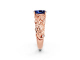 Rose gold Oval Cut Solitaire Blue Sapphire Leaf-Inspired Vine Band Ring with Prong Setting_2