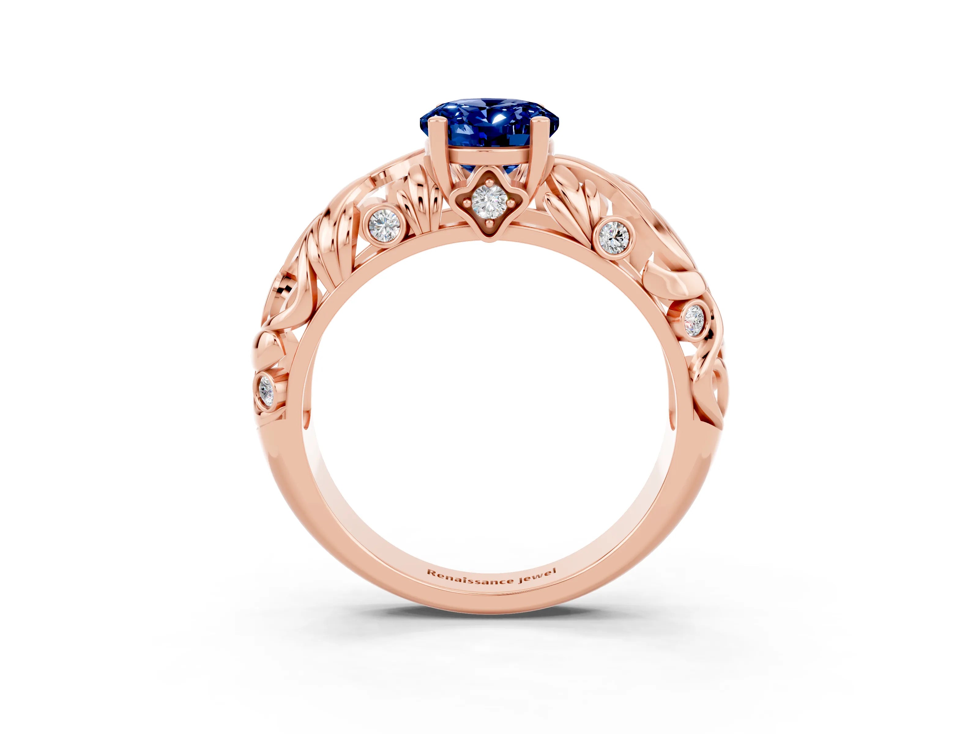 Rose gold Oval Cut Solitaire Blue Sapphire Leaf-Inspired Vine Band Ring with Prong Setting_3