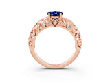 Rose gold Oval Cut Solitaire Blue Sapphire Leaf-Inspired Vine Band Ring with Prong Setting_3