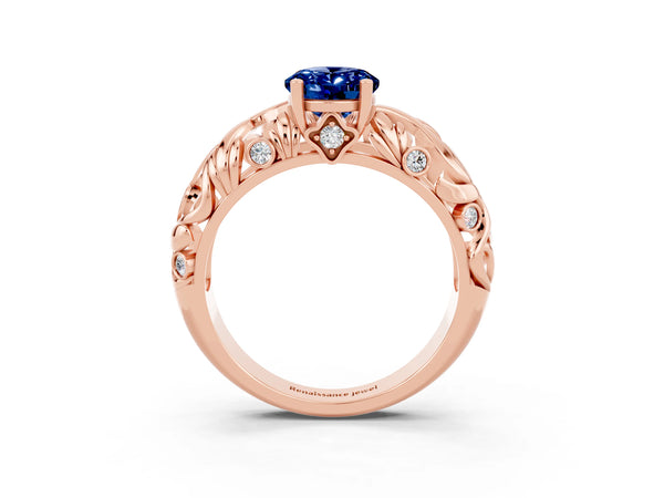 Rose gold Oval Cut Solitaire Blue Sapphire Leaf-Inspired Vine Band Ring with Prong Setting