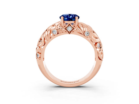 Rose gold Oval Cut Solitaire Blue Sapphire Leaf-Inspired Vine Band Ring with Prong Setting_3