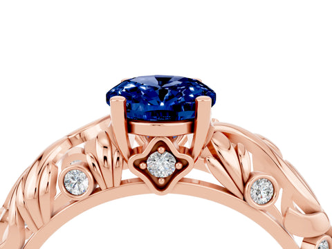Rose gold Oval Cut Solitaire Blue Sapphire Leaf-Inspired Vine Band Ring with Prong Setting_4