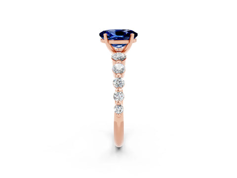 Rose gold Oval Cut Solitaire Blue Sapphire Ring with Pave Band and Four-Prong Setting_2