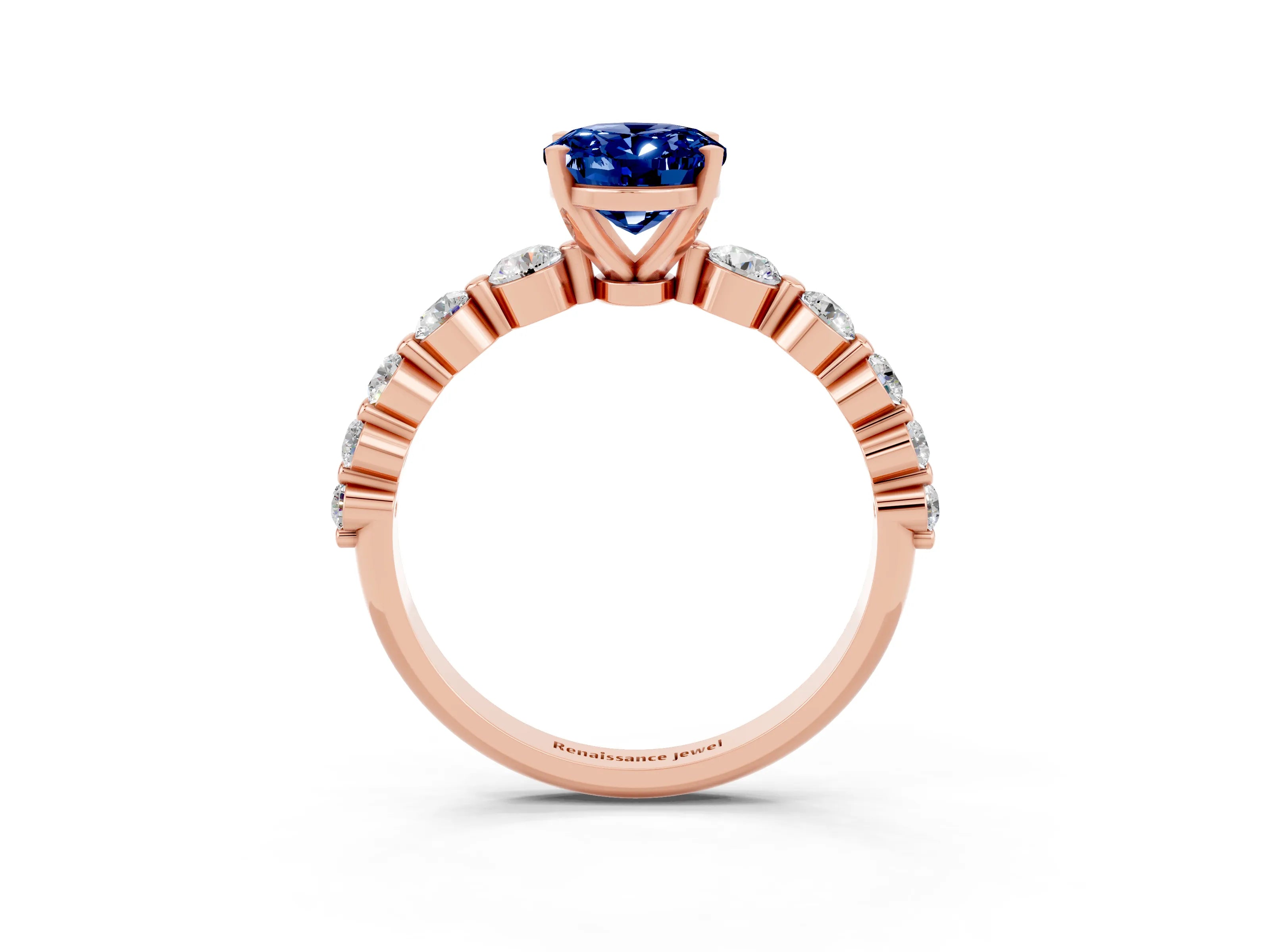 Rose gold Oval Cut Solitaire Blue Sapphire Ring with Pave Band and Four-Prong Setting_3
