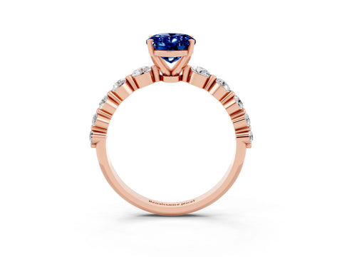 Rose gold Oval Cut Solitaire Blue Sapphire Ring with Pave Band and Four-Prong Setting_3