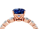 Rose gold Oval Cut Solitaire Blue Sapphire Ring with Pave Band and Four-Prong Setting_4