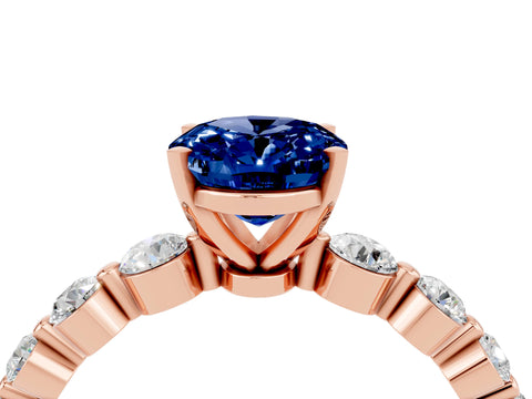 Rose gold Oval Cut Solitaire Blue Sapphire Ring with Pave Band and Four-Prong Setting_4