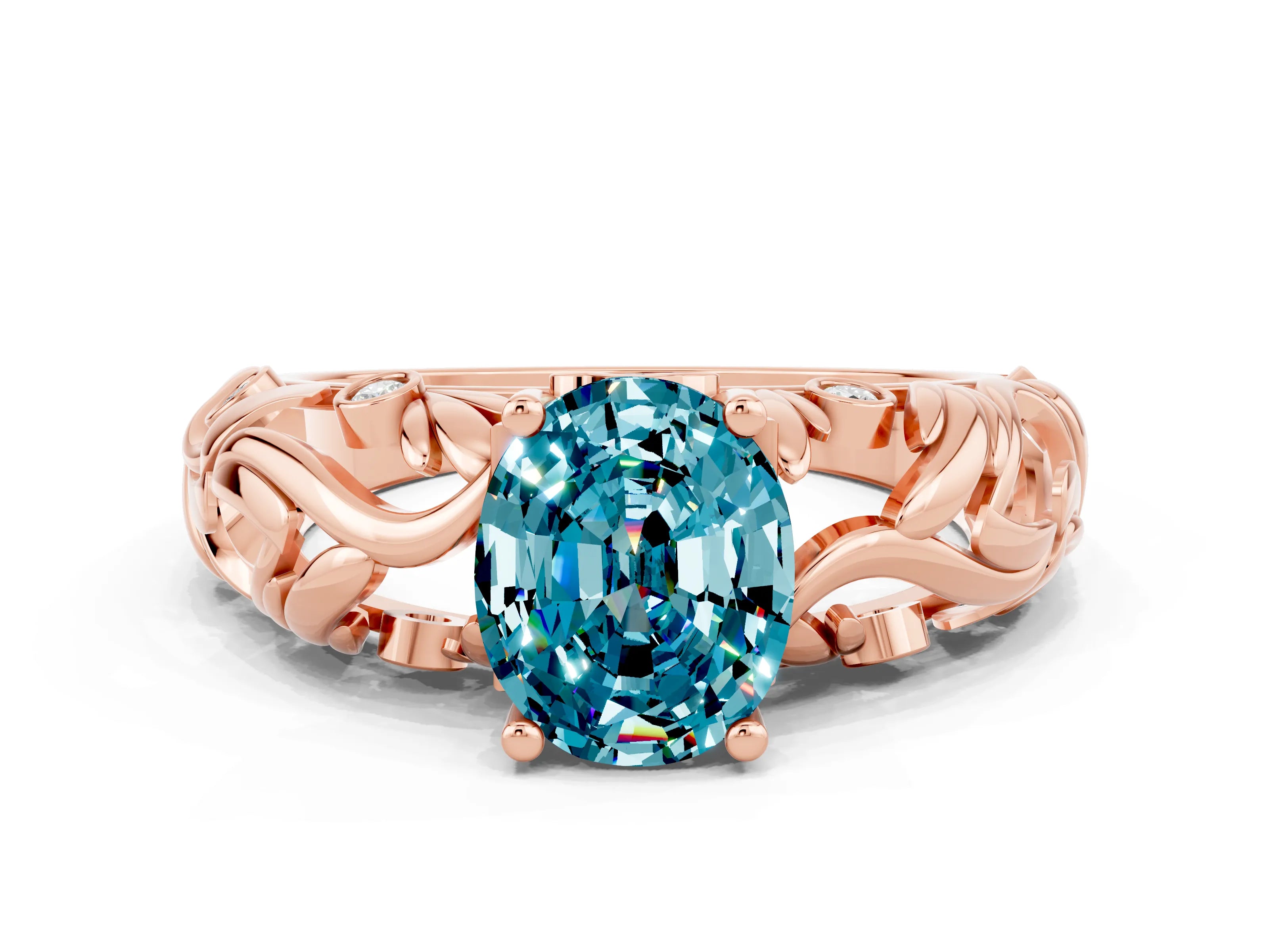 Rose gold Oval Cut Solitaire Blue Topaz Leaf-Inspired Vine Band Ring with Prong Setting