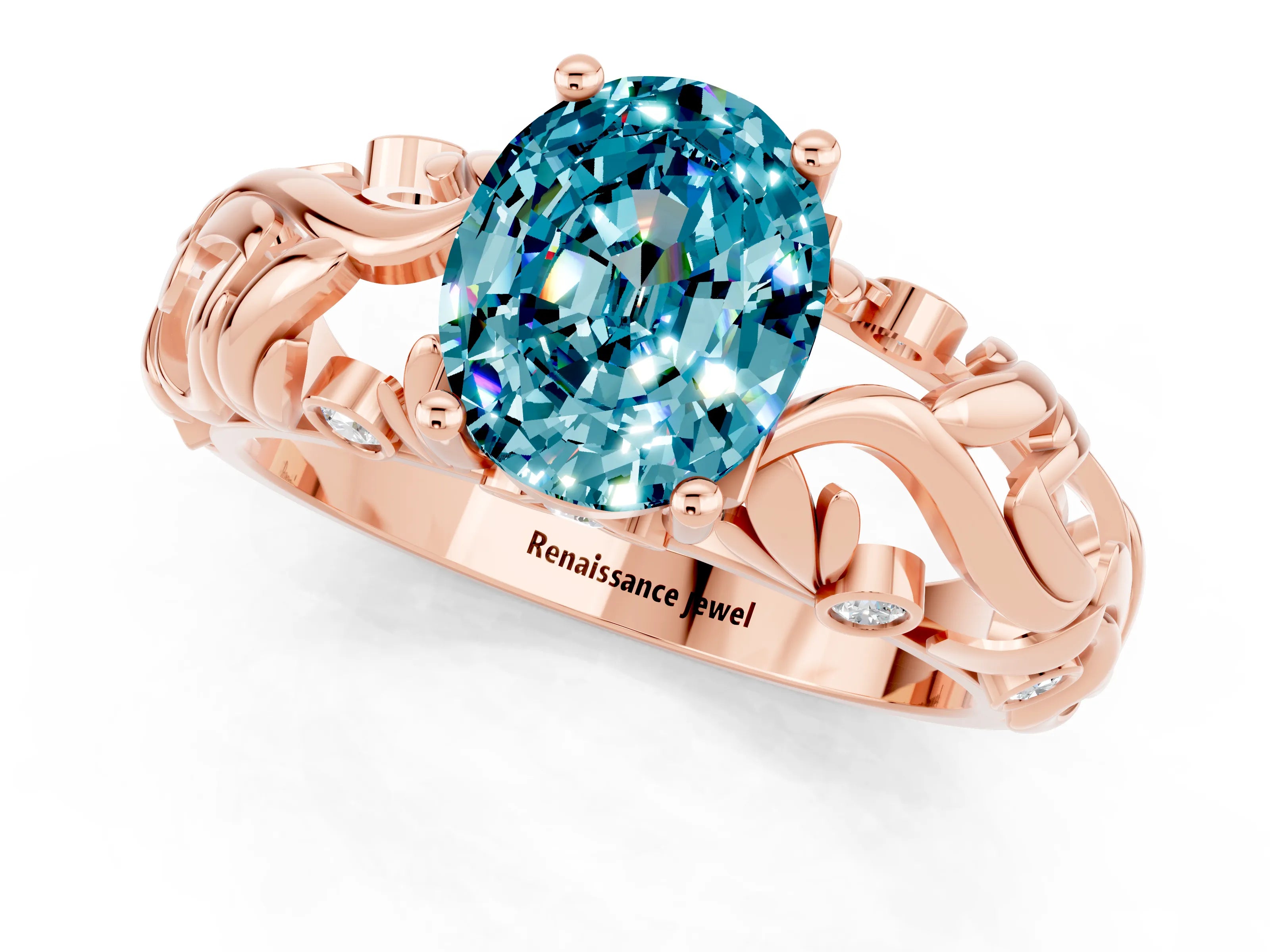 Rose gold Oval Cut Solitaire Blue Topaz Leaf-Inspired Vine Band Ring with Prong Setting_1