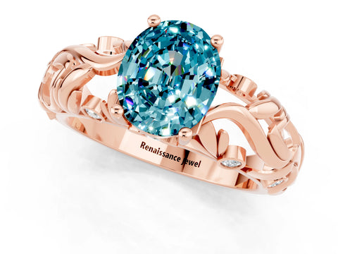 Rose gold Oval Cut Solitaire Blue Topaz Leaf-Inspired Vine Band Ring with Prong Setting_1