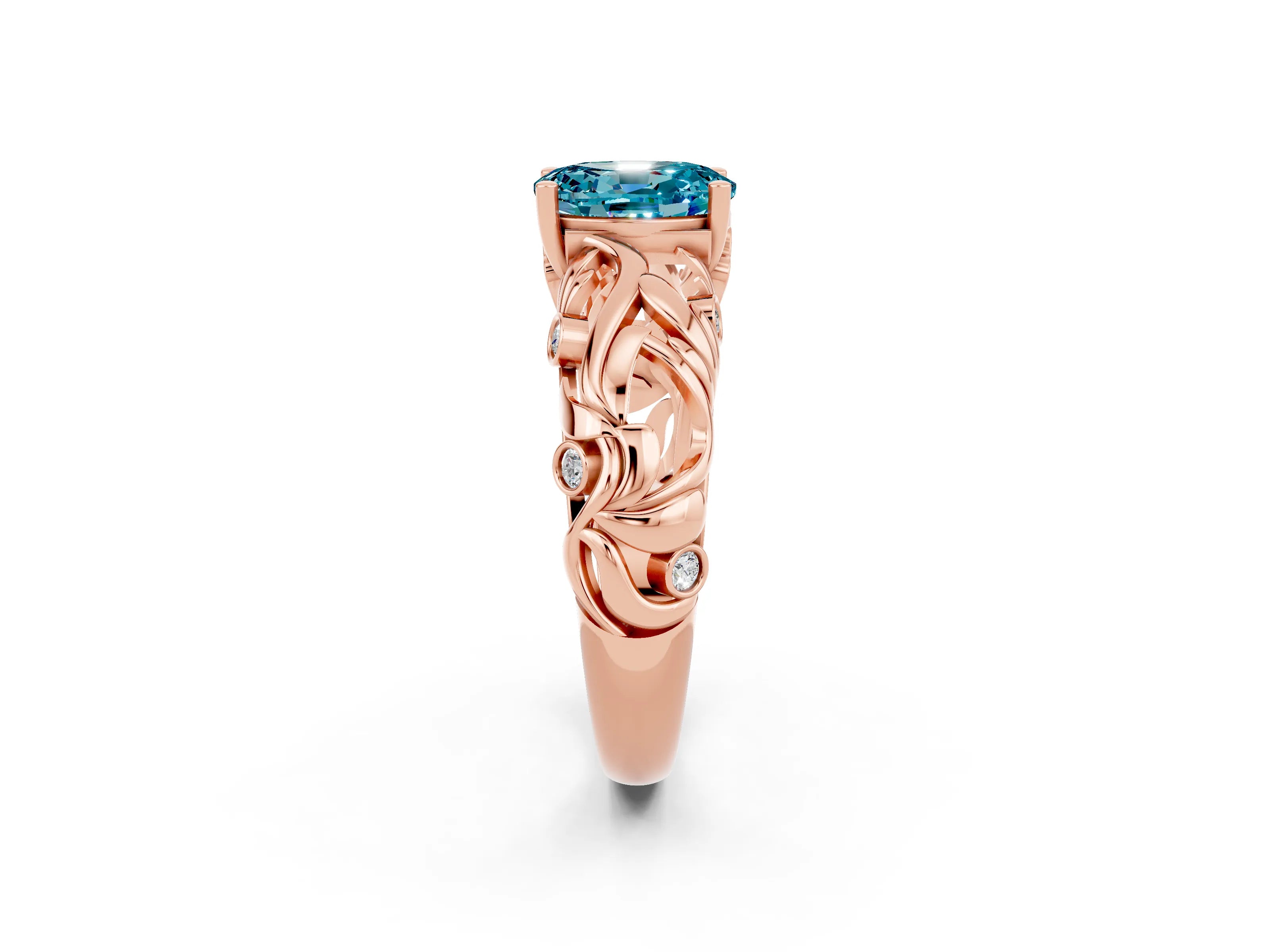 Rose gold Oval Cut Solitaire Blue Topaz Leaf-Inspired Vine Band Ring with Prong Setting_2