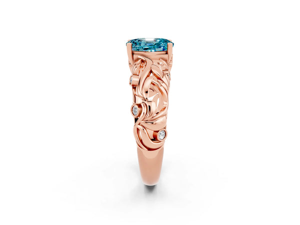 Rose gold Oval Cut Solitaire Blue Topaz Leaf-Inspired Vine Band Ring with Prong Setting