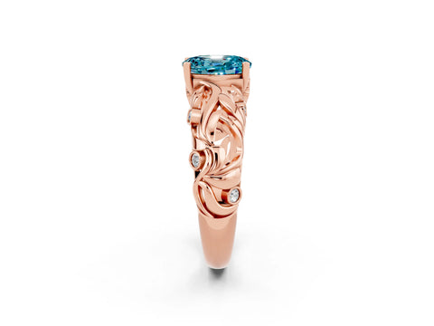 Rose gold Oval Cut Solitaire Blue Topaz Leaf-Inspired Vine Band Ring with Prong Setting_2