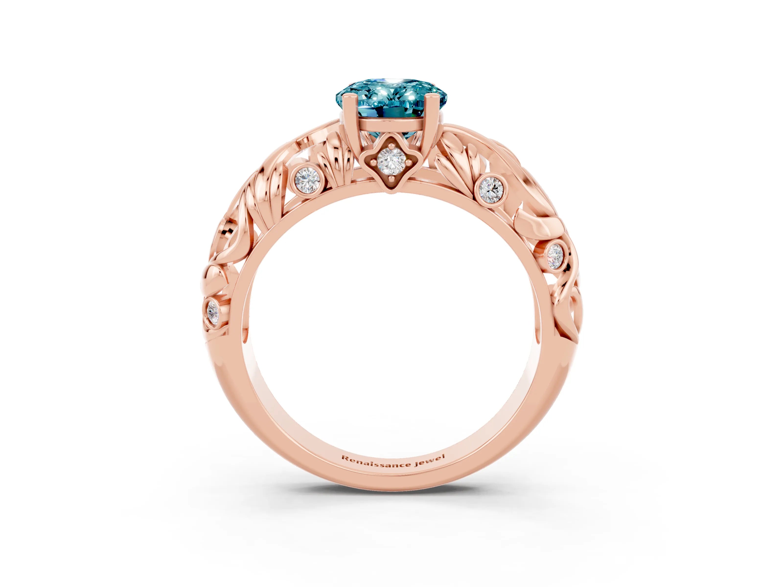 Rose gold Oval Cut Solitaire Blue Topaz Leaf-Inspired Vine Band Ring with Prong Setting_3
