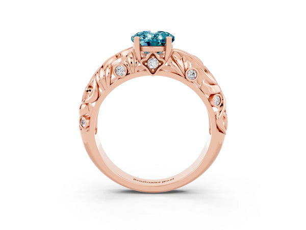 Rose gold Oval Cut Solitaire Blue Topaz Leaf-Inspired Vine Band Ring with Prong Setting