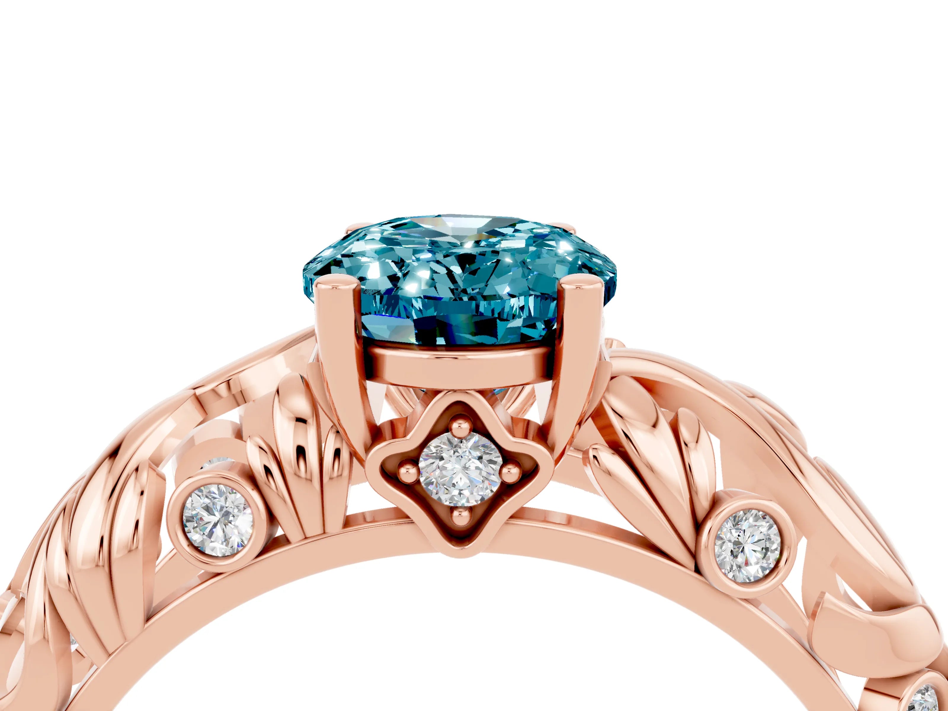 Rose gold Oval Cut Solitaire Blue Topaz Leaf-Inspired Vine Band Ring with Prong Setting_4