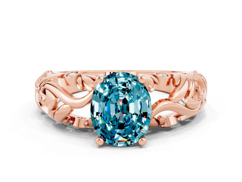 Rose gold Oval Cut Solitaire Blue Topaz Leaf-Inspired Vine Band Ring with Prong Setting