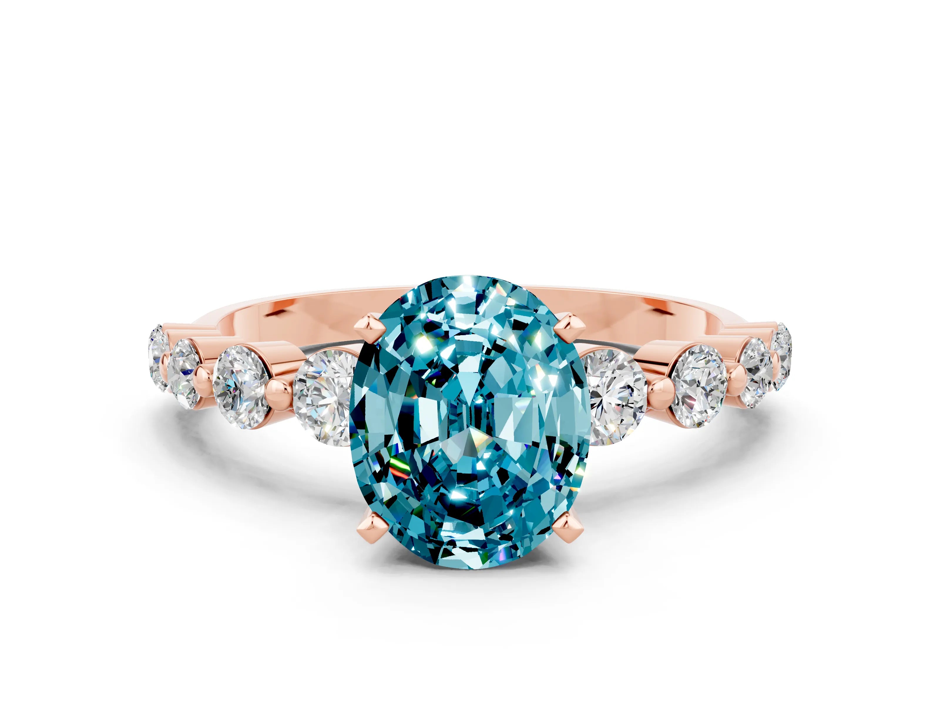 Rose gold Oval Cut Solitaire Blue Topaz Ring with Pave Band and Four-Prong Setting