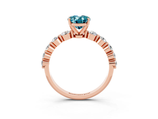Rose gold Oval Cut Solitaire Blue Topaz Ring with Pave Band and Four-Prong Setting