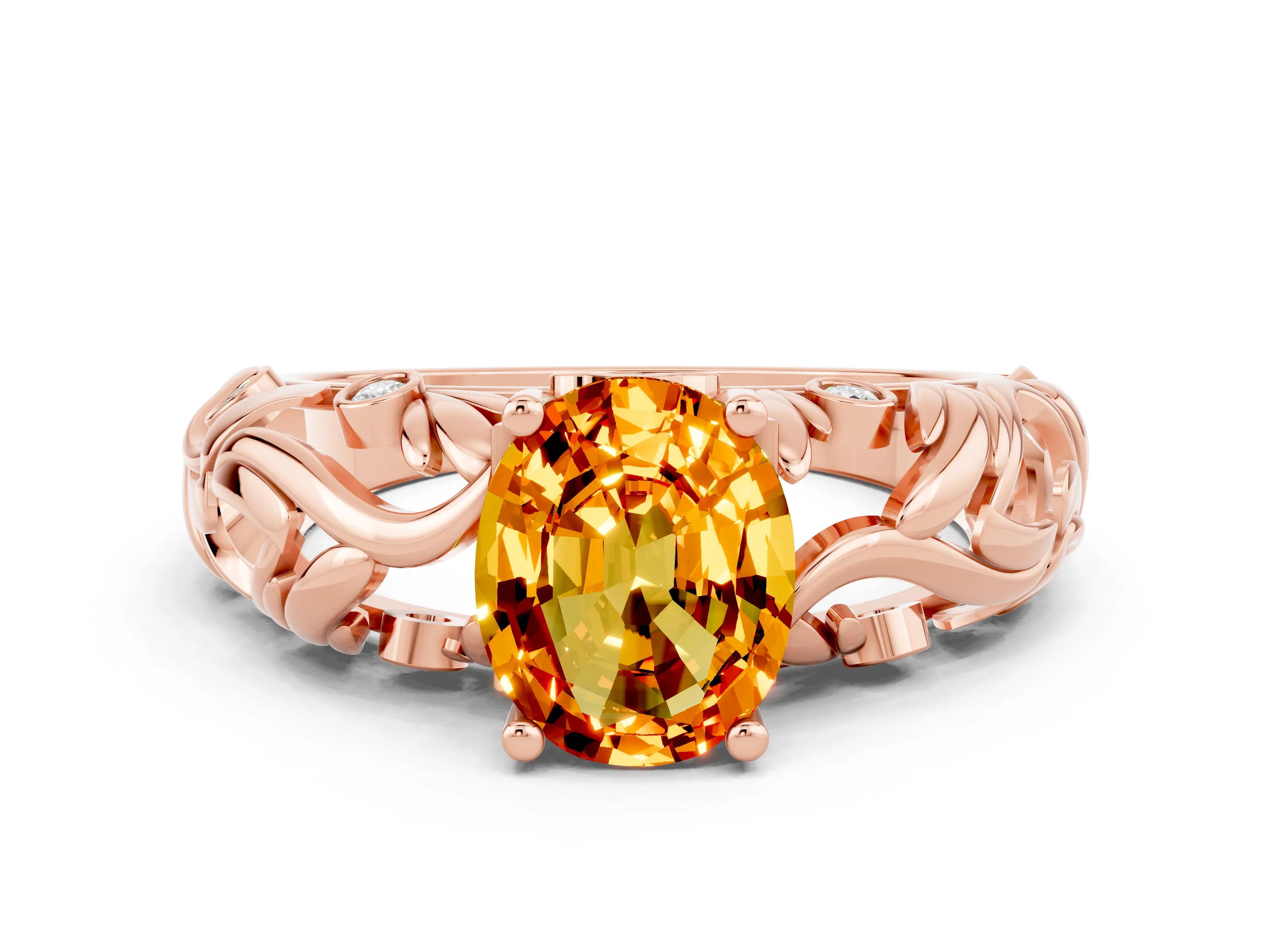 Rose gold Oval Cut Solitaire Citrine Leaf-Inspired Vine Band Ring with Prong Setting
