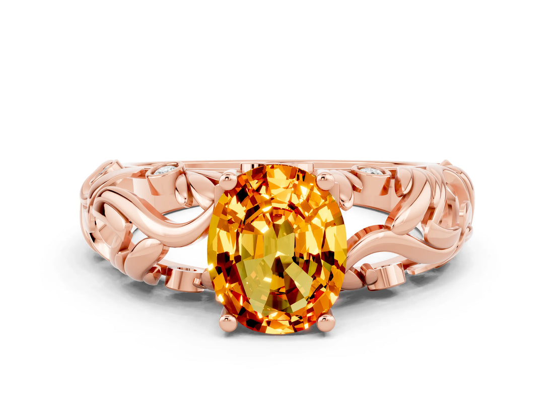Rose gold Oval Cut Solitaire Citrine Leaf-Inspired Vine Band Ring with Prong Setting