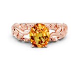 Rose gold Oval Cut Solitaire Citrine Leaf-Inspired Vine Band Ring with Prong Setting