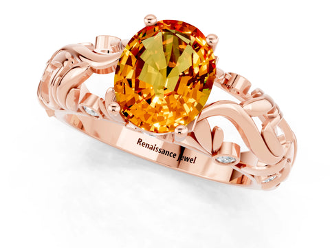 Rose gold Oval Cut Solitaire Citrine Leaf-Inspired Vine Band Ring with Prong Setting_1
