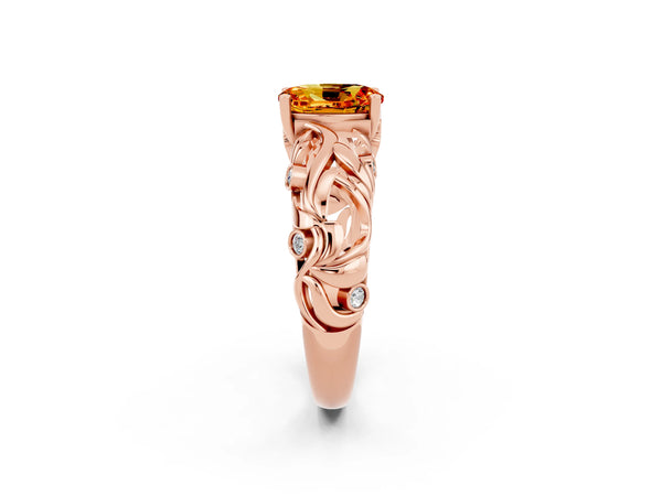 Rose gold Oval Cut Solitaire Citrine Leaf-Inspired Vine Band Ring with Prong Setting