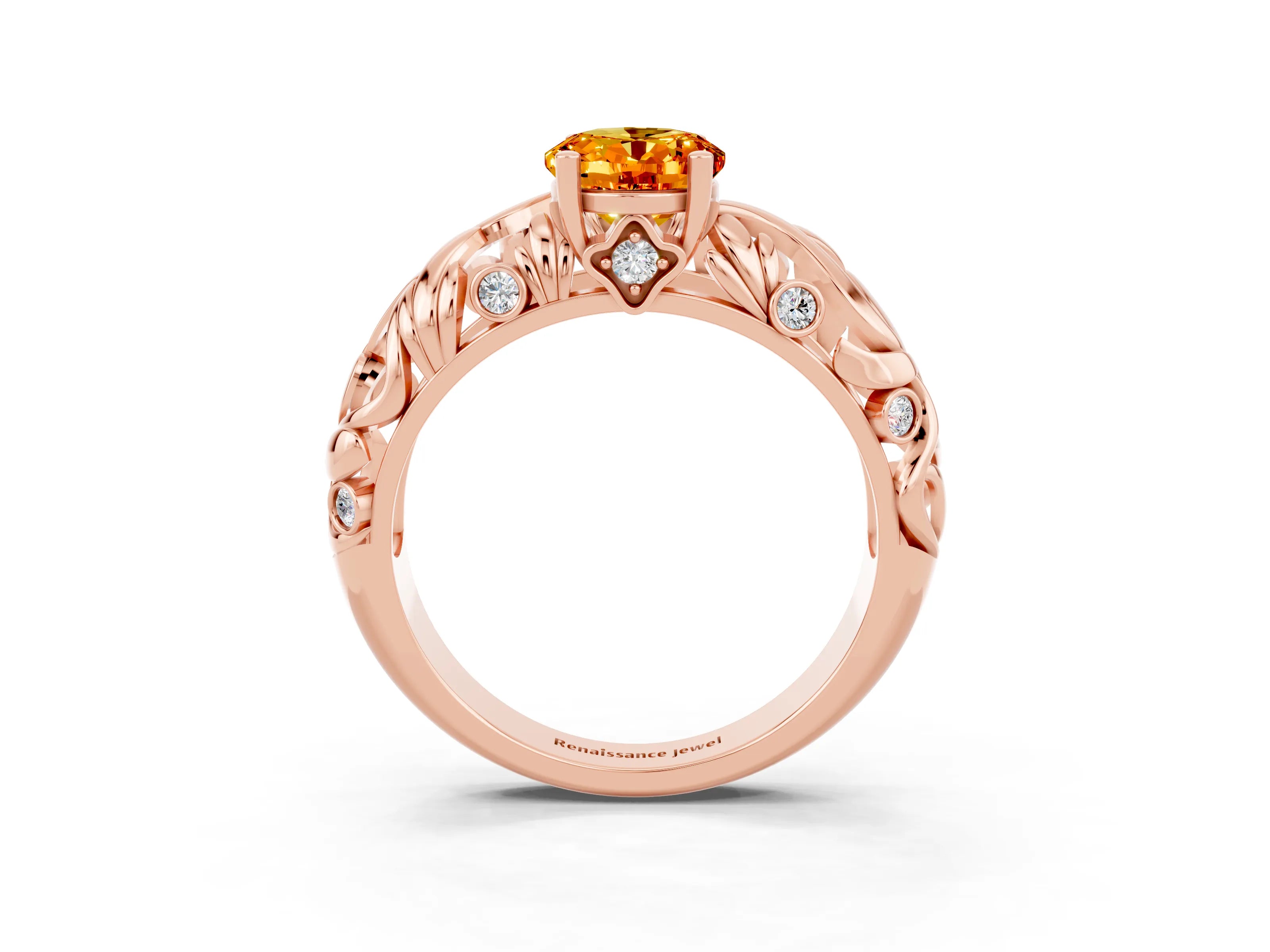 Rose gold Oval Cut Solitaire Citrine Leaf-Inspired Vine Band Ring with Prong Setting_3