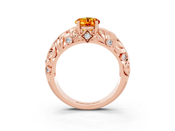 Rose gold Oval Cut Solitaire Citrine Leaf-Inspired Vine Band Ring with Prong Setting