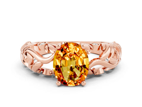 Rose gold Oval Cut Solitaire Citrine Leaf-Inspired Vine Band Ring with Prong Setting