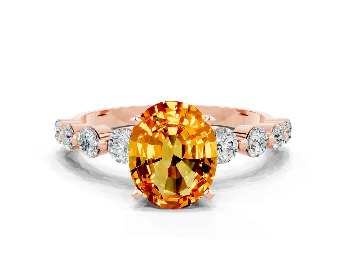 Rose gold Oval Cut Solitaire Citrine Ring with Pave Band and Four-Prong Setting