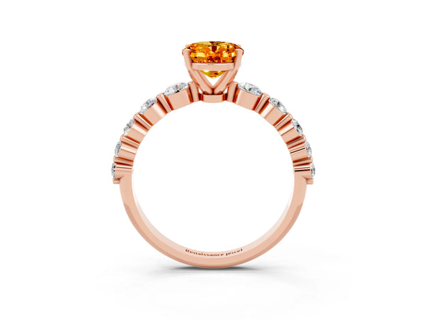 Rose gold Oval Cut Solitaire Citrine Ring with Pave Band and Four-Prong Setting