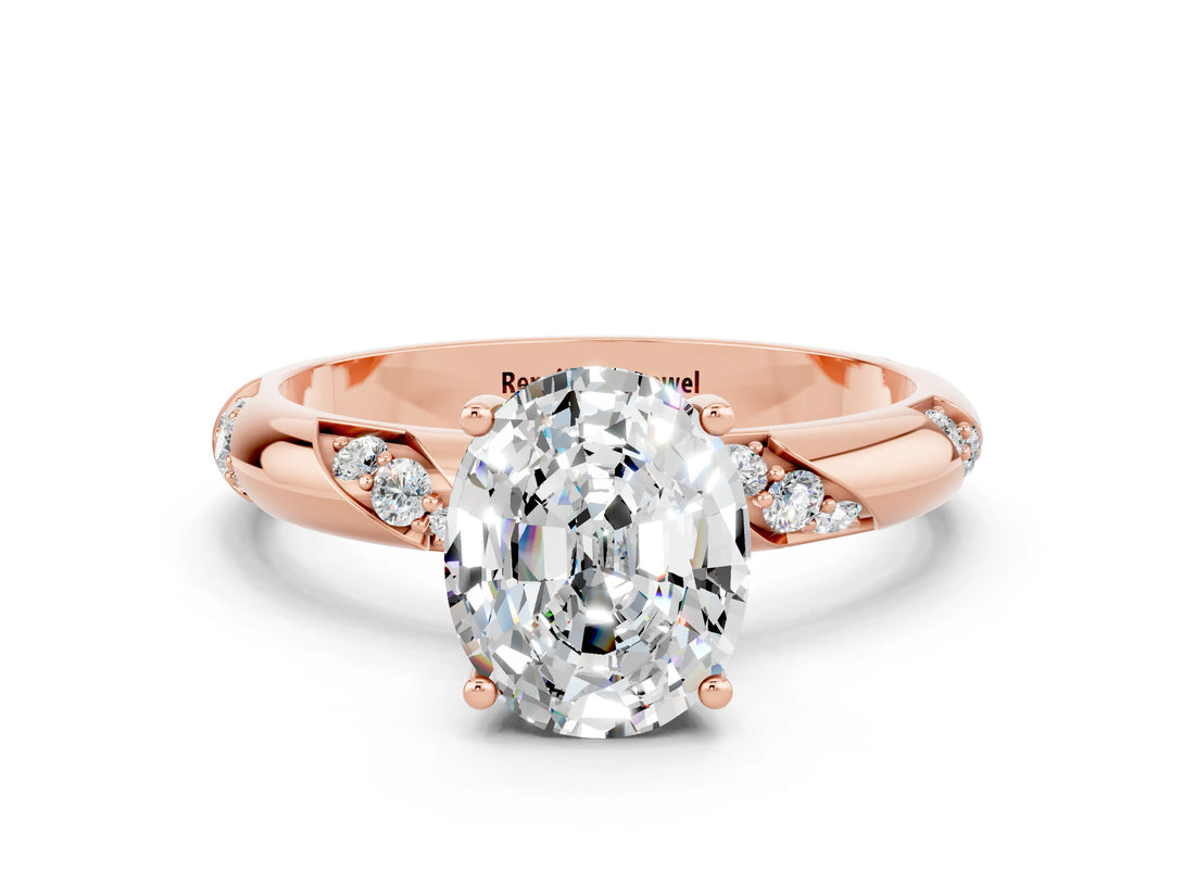 Rose gold Oval Cut Solitaire Diamond Engagement Ring with Twisted Pave Band and Four-Prong Setting